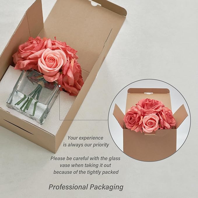 WELL KNOWN Rose Artificial Flowers in Vase with Faux Water, Silk Rose Table Centerpieces for Home Coffee Table Decor, Bean Pasty Pink Fake Roses Flower Arrangements for Office Hotel Lavatory Wedding