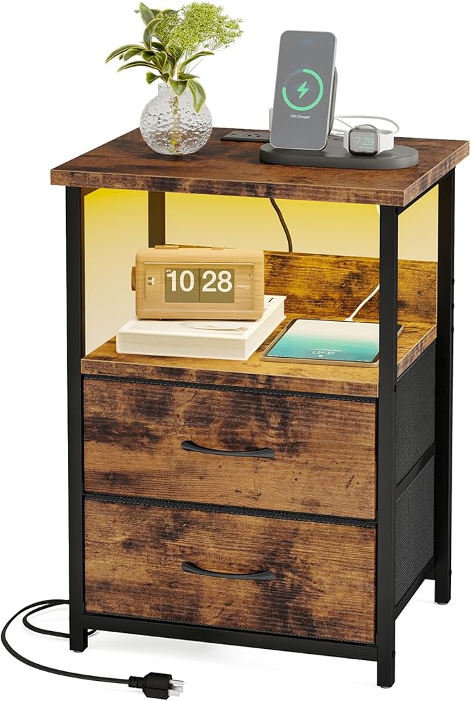 Fixwal Night Stand with Charging Station, LED Nightstand with U-S-B Ports and Outlets, 2 Fabric Storage Drawers with PU Finish, Bedside Table, Rustic Brown