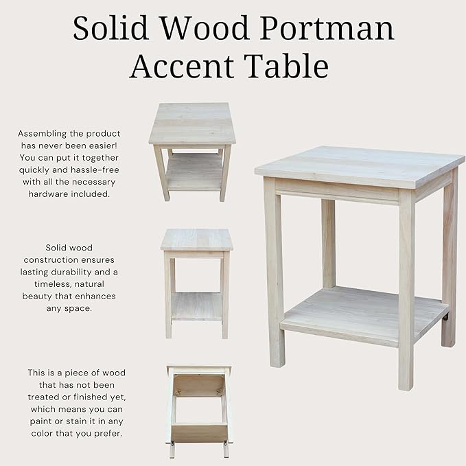 Portman Accent Table Solid Parawood Unfinished Wood 16"W x 14"D x 20"H with Shelf, Small Living Room Furniture for Painting or Staining, Traditional End Table for Bedroom or Entryway