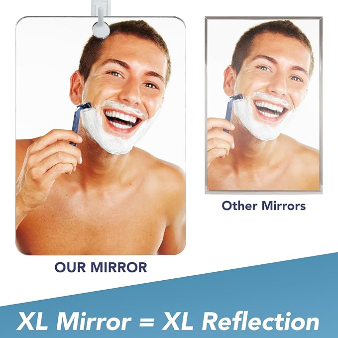 Shave Well XL Anti-Fog Shaving Mirror | X-Large Fogless Hanging Bathroom Shower Mirror with Handheld Option for Men and Women | Includes Long-Lasting Removable Adhesive Hook for Wall