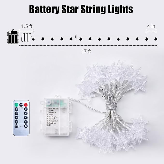 Brightown Star String Lights Battery Operated - 17 ft 50 LED Star Fairy String Lights with Remote and Timer, 8 Modes Waterproof for Bedroom Tent Loft Bed Patio Party Wedding Decor, White