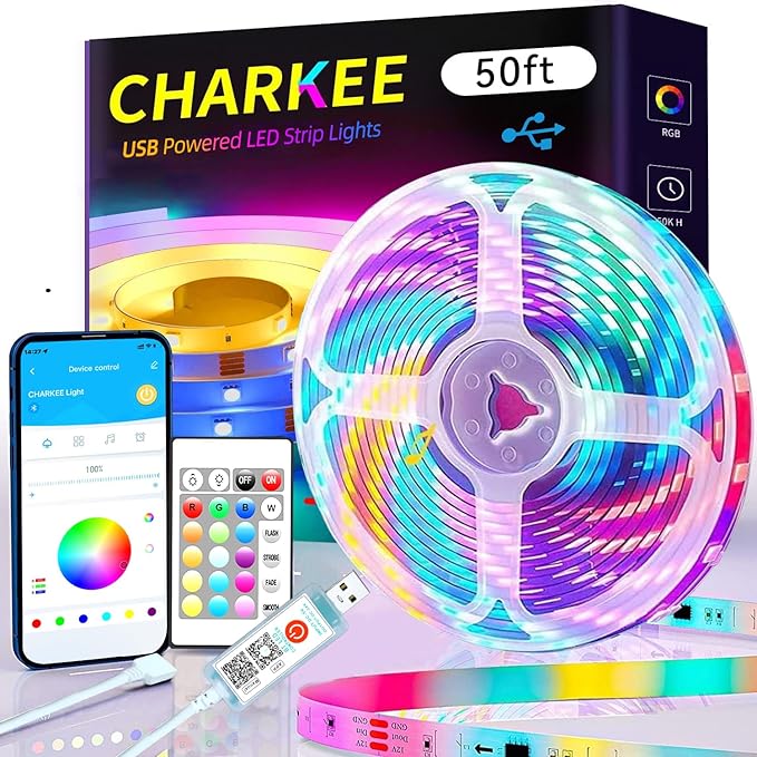 CHARKEE 50ft LED Lights USB-Powered, RGB Strip Lighting for Bedroom/TV Backlight/Gaming Lighting, Color Changing Bluetooth Led Lights with Smart App Control, Music Sync Sound Reaction