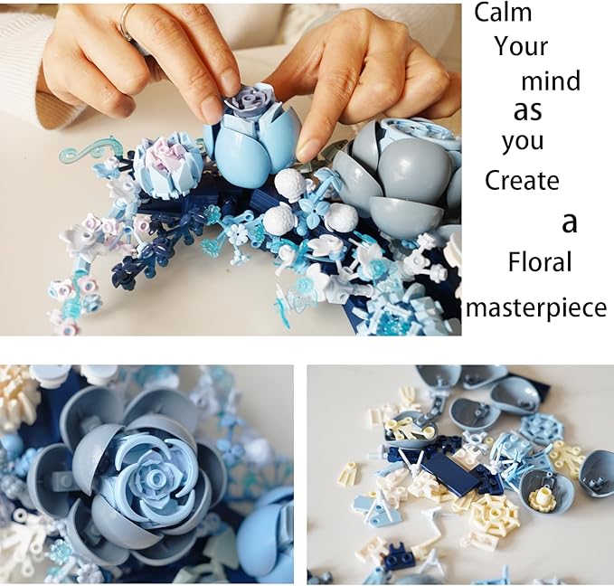 Blue Moon Flower Building Blocks for Adults - Creative Crescent Moon Rose Model Kit, Home Office Desk Decor, Artificial Plant, Unique Birthday Gift Idea (Frame Not Included)