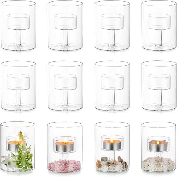 Glasseam Tea Lights Candle Holder: Set of 12 Decorative Modern Clear Glass Cylinder Candle Holders for Table Wedding Centerpiece Birthday Party Decorations