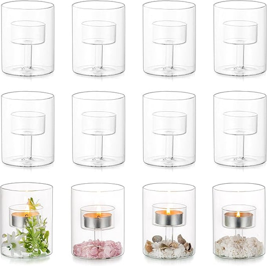 Glasseam Tea Lights Candle Holder: Set of 12 Decorative Modern Clear Glass Cylinder Candle Holders for Table Wedding Centerpiece Birthday Party Decorations