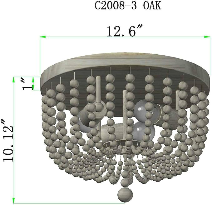 Q&S Wood Beaded Chandelier,Boho Farmhouse Light Fixture,Oak White,3 Lights,Semi Flush Mount Ceiling Light Fixtures for Hallway Baby's Nursery Bedroom Kitchen Living Room