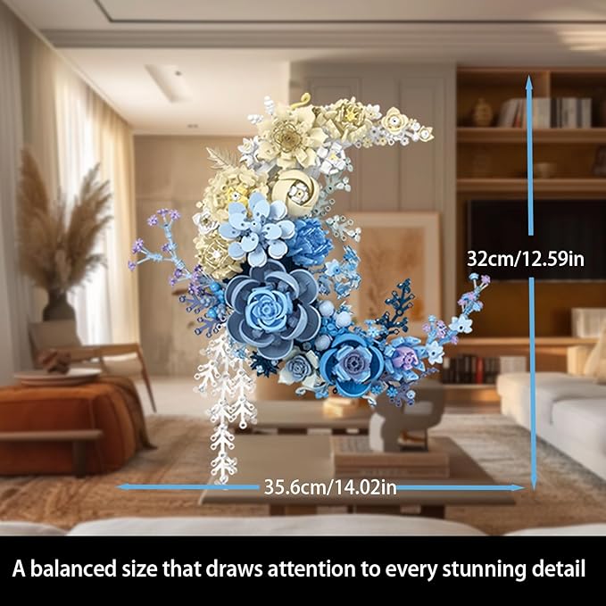 Blue Moon Flower Building Blocks for Adults - Creative Crescent Moon Rose Model Kit, Home Office Desk Decor, Artificial Plant, Unique Birthday Gift Idea (Frame Not Included)