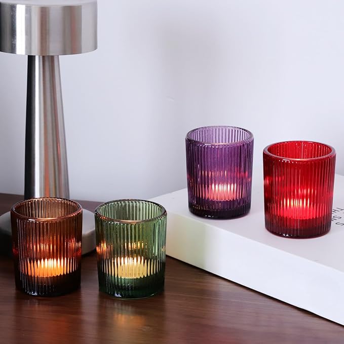 VOHO 4 Colors Ribbed Votive Candle Holders for Fall Decor, Set of 12 Tealight Candle Holder Easter/Halloween/Thanksgiving Decorations, Christmas Tea Light Candle Holder Glass Dining Table Centerpiece