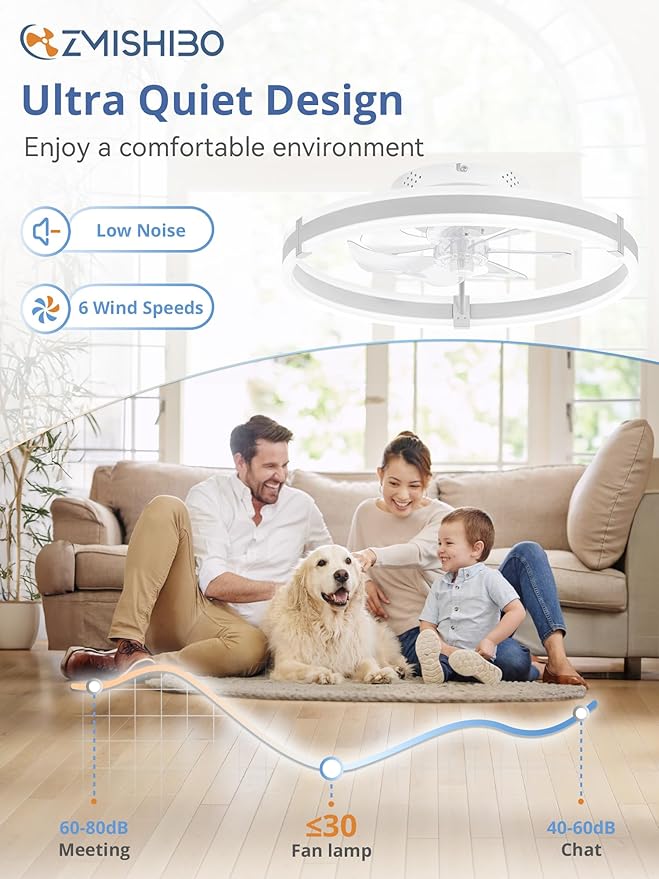 ZMISHIBO Ceiling Fans with Lights and Remote, 19.7'' Low Profile Ceiling Fan, 3000-6000K Dimmable Modern Flush Mount LED Fan Light, 6 Wind Speeds, White Fandelier Ceiling Fans for Bedroom