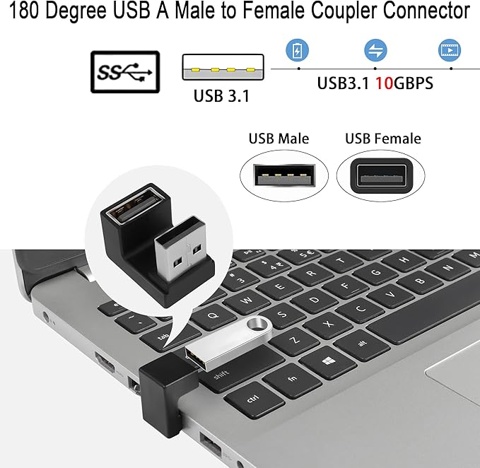 QIANRENON U-Shape Angle USB 3.1 Adapter Converter 10Gbps 180 Degree USB A Male to Female Coupler Connector, Support Data Transfer OTG 3A Charging, for PC Laptop Mobile Power, 2Pcs (Female Up)