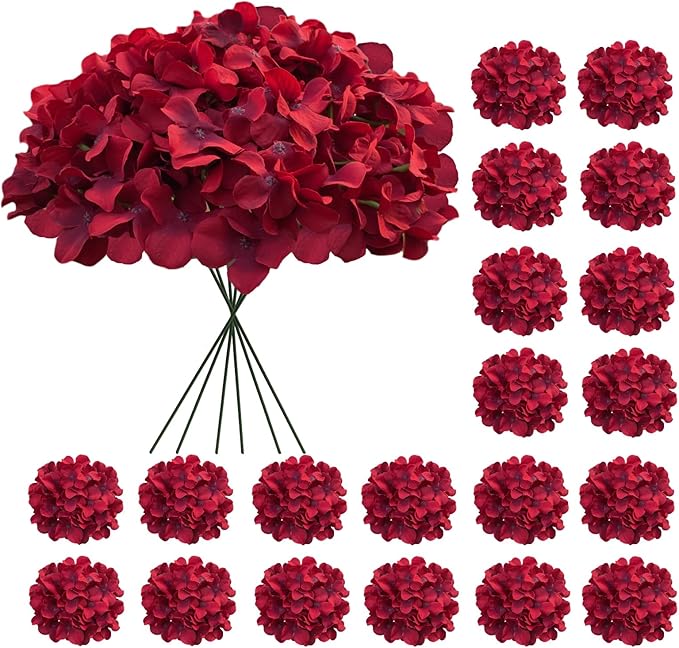 20 Pcs Dark Red Hydrangea Artificial Flowers Bulk, Faux Hydrangea Flowers Heads, Artificial Fake Silk Hydrangea Flowers with Stems, Red Flowers Artificial for Decoration Wedding Décor