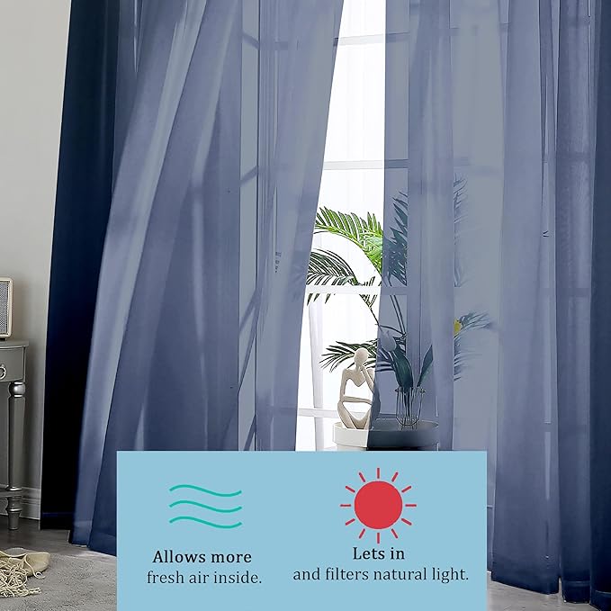 OWENIE Navy Blue Sheer Curtains 90 Inches Long, Solid Light Filtering Sheer Curtains for Bedroom, Window Voile Sheer Curtain Panels/Drapes/Treatment for Living Room, 2Pcs, Each 42" W x 90" L Inch