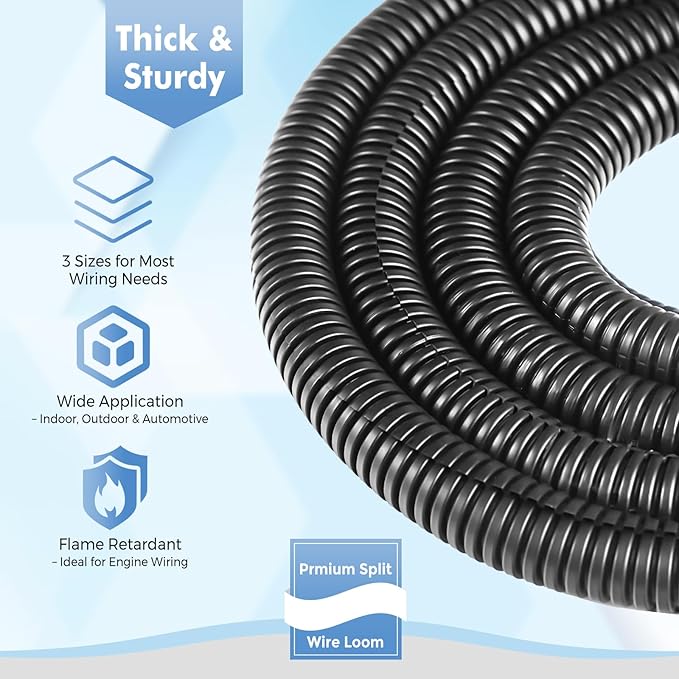 Automotive Wire Loom Flame Retardant Split Wire Loom Tubing Assortment Wiring Loom Kit Plastic Cover Electrical Covering Conduit Protective Wire Wrap Cable Sleeves Black 1/4", 1/2", 3/8" x 60 Ft