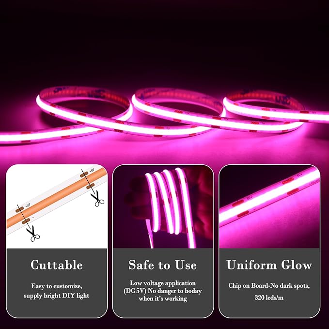 Short Led Strip Lights Pink 5V USB LED Lighting COB LED Strip Pink Flexible LED Tape Light Not Dimmable Small led, for Display Cabinet, Home DIY Lighting Room Decor TV Lights (3.28FT/1M)