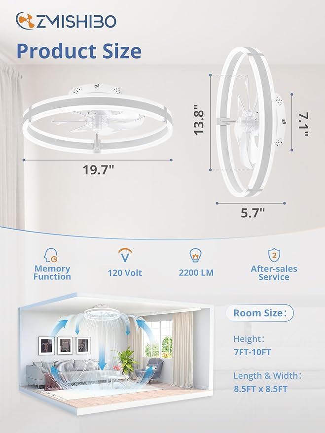 ZMISHIBO Ceiling Fans with Lights and Remote, 19.7'' Low Profile Ceiling Fan, 3000-6000K Dimmable Modern Flush Mount LED Fan Light, 6 Wind Speeds, White Fandelier Ceiling Fans for Bedroom