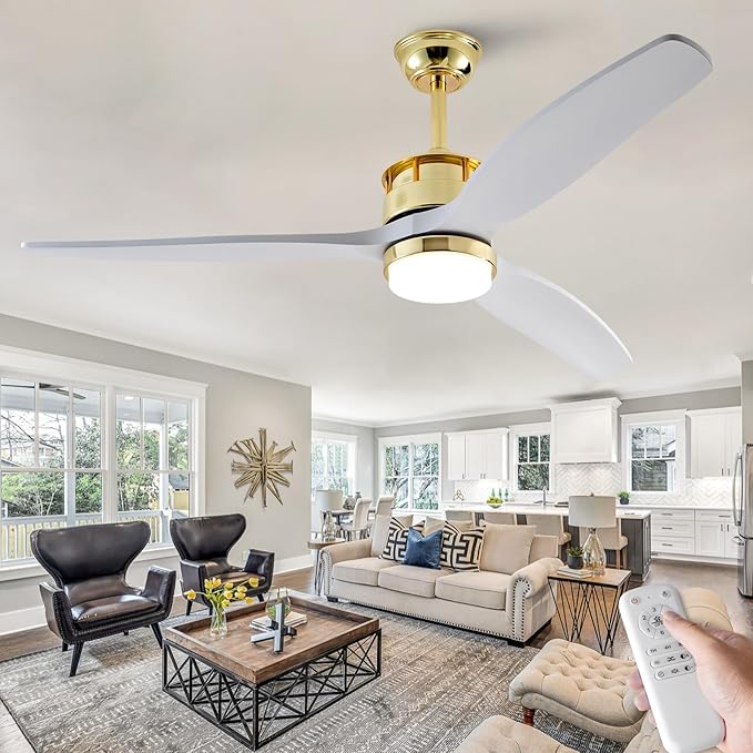 BOJUE 52 Inch Solid Wood Gold Ceiling Fans with Lights and Remote, Reversible Quite DC Motor,6 Speeds with Memory Program,Modern Farmhouse Ceiling Fan with Light for Living Room Patio
