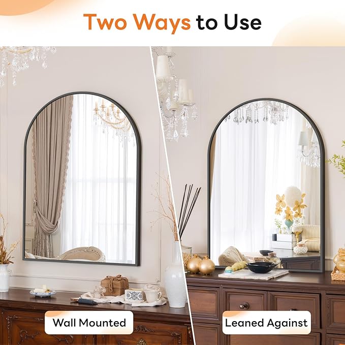 Sweetcrispy Arched Bathroom Mirror 30x20.5 Inch Black Metal Framed Arch Vanity Mirror for Wall, Over Sink, Farmhouse, Restroom, Anti-Rust, Modern Decorative, Hanging or Leaning