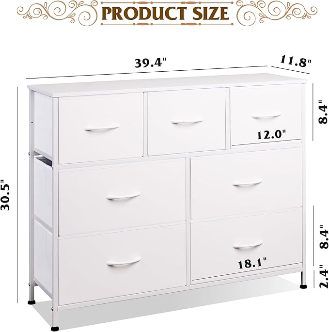 WLIVE 7 Drawer Dresser TV Stand, Dressers for Bedroom, Fabric Storage Tower, Hallway, Entryway, Closets, Sturdy Steel Frame, Wood Top, Easy Pull Handle, White