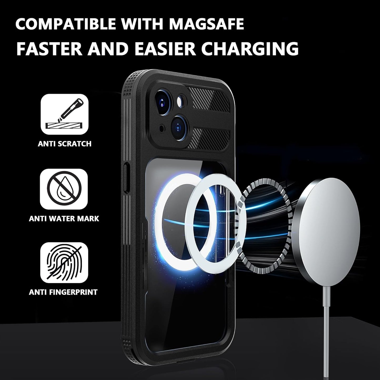 iPhone 15 Plus 5G Waterproof Case, Black, Hybrid Rugged, Shockproof, Magsafe Compatible, Full Body Protection, Lanyard,