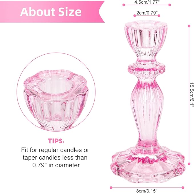 Glass Candle Holders, 2PCS Decorative Candle Stand Wide Base Candlestick Holder Table Centerpiece Decor for Wedding Festival Party Windowsill, Pink