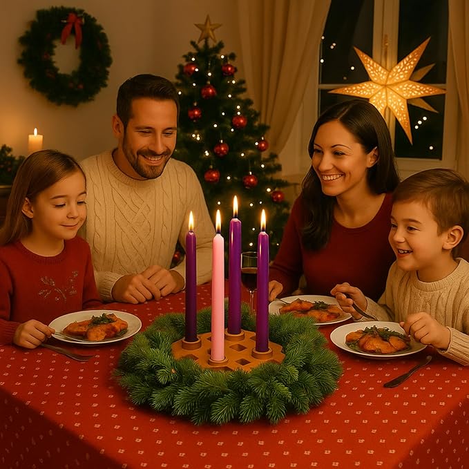 Mumufy 5 Pcs Advent Candle Holder Set Christmas Centerpiece Religious Decorations Snowflake Shape Wooden Advent Candlestick Holders with Purple Pink Taper Candles for Thanksgiving Christmas Nativity