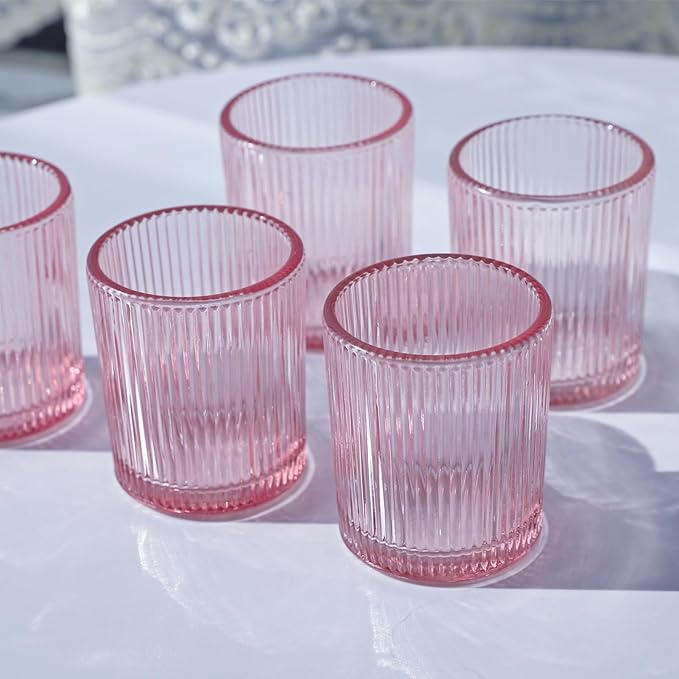 VOHO Pink Candle Holder Set of 12, Ribbed Votive Candle Holders for Pink Room Decor, Tealight Candle Holder Romantic Gifts for Valentine Christmas Decorations(2.1'' x 2.6'')