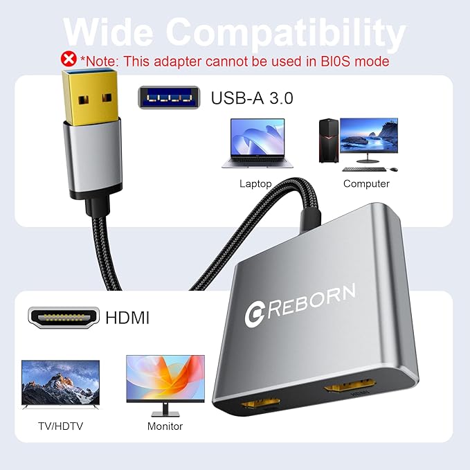 Reborn USB to HDMI Adapter, 1080P@60Hz USB 3.0 Male to Dual HDMI Female Multi-Display Cable Converter Suitable for MacOS, Windows 7/8/10/11 - Driver Installation is Required