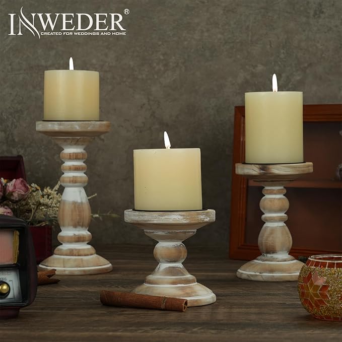 Wood Pillar Candle Holder: 3Pcs Rustic White Candle Holders for Pillar Candles Wood Candle Holders Distressed Wooden Farmhouse Candle Holder Large Rustic Candle Holder for Fireplace Table
