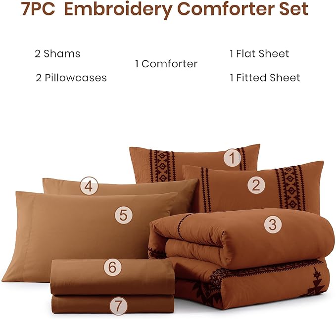 MaiRêve Oversized Queen Comforter Set Burnt Orange, Embroidery Western Bedding Set Boho 7 Pieces, Farmhouse All Season Bed in A Bag with Sheets, Pillowcases & Shams
