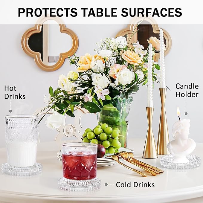 Glass Candle Holders, GOH DODD Set of 8 Crystal Pillar Plates Modern Coasters for Drinks, Centerpiece, Home Decor, Kitchen, Living Room, Patio, Wedding, Halloween, Christmas, Party, Clear
