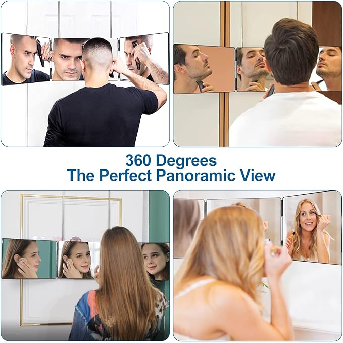 360° Viewing Mirror for Hair Cutting and Styling, Adjustable Height Mirror for Grooming, Makeup and Shaving, Clear HD Glass, Portable for Bathroom or Travel (Black)