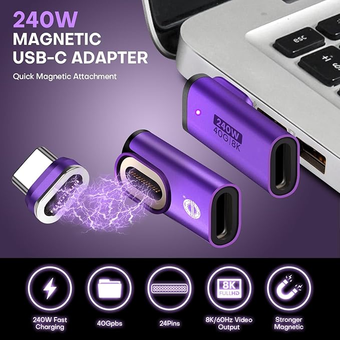 Right Angle USB C Male to USB C Female Magnetic Adapter 2 Pack 24 PIN 40Gbps PD 240W 90 Degree OTG Magnet Charger 8K Video for USB 4 Steam Deck ROG Ally Switch PC Tablet iPhone (Purple)
