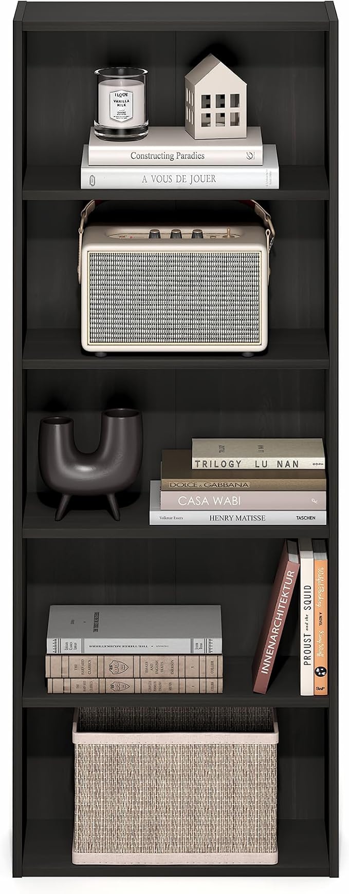Furinno Basic Book Shelf, 5-Tier Bookshelf, Cube Storage Organizer Bookcase with Open Shelf, 7 x 17 x 44, for Living Room, Bedroom, Home Office, Espresso
