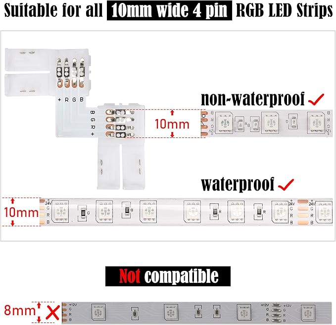JACKYLED 20Packs L Shape 4-Pin LED Connectors with 22Pcs Clips 10mm for Strip Lights - 10mm 4pin