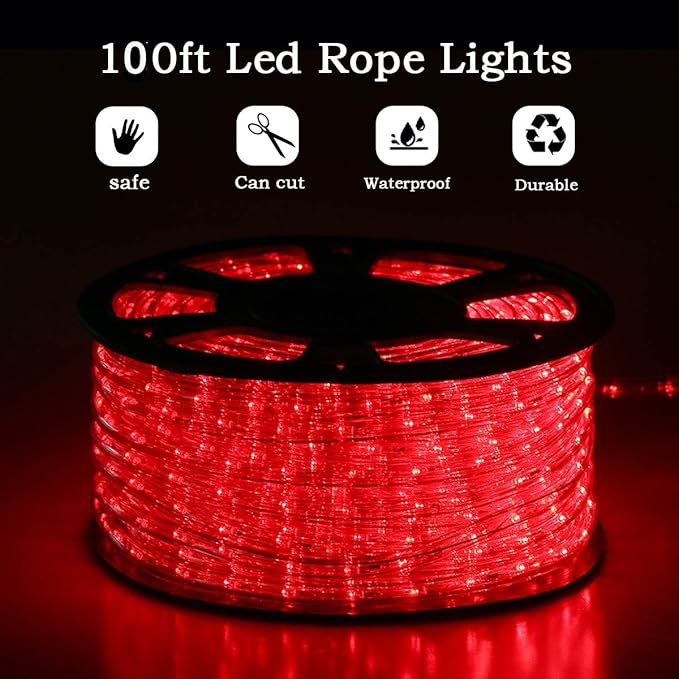 100Ft LED Rope Lights, LED Strip Lights Outdoor Waterproof Decorative Lighting for Indoor/Outdoor, Eaves, Backyards Garden, Halloween and Christmas Decorations(Red)
