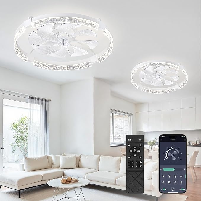 LEDIARY 2 Pack 24 Inch Modern Ceiling Fans with Lights and Remote, Dimmable Flush Mount Ceiling Fan, White Low Profile Ceiling Fan with 3 CCT and 6 Speeds