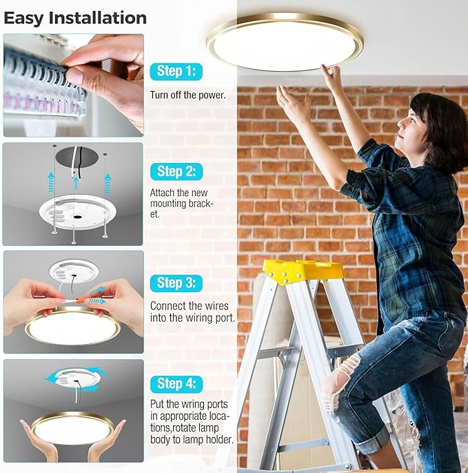 zemty 2Pack LED Ceiling Light Fixture, 6.5-Inch 12W 1200lm Small Flush Mount Light, Adjustable 3000K 4000K 6500K Color Temperatures, Round Flat Recessed Lamp for Kitchen Closet Hallway Laundry, Gold