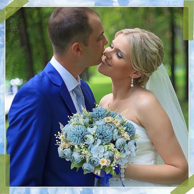 Tigeen 12 Bundles Peonies Artificial Flowers Faux Roses Silk Flowers Hydrangea Artificial Bouquet for Wedding Table Centerpiece Floral Vase Home Office Bridal Decor (Mist Blue)