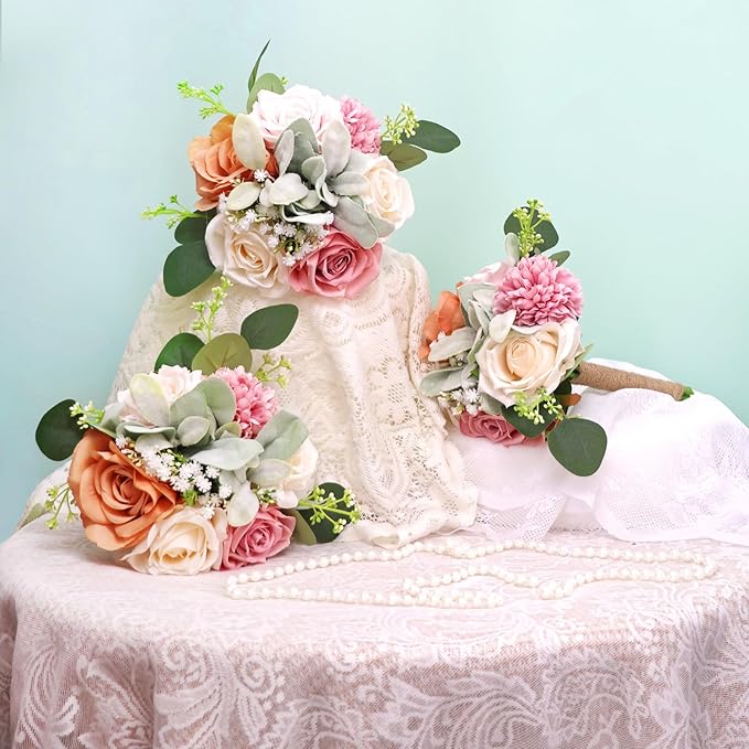 Bridesmaid Bouquets Set of 4 - Blush & Pink Artificial Flowers Bouquet for Bridesmaids Wedding Small Floral Centerpieces for Marriage Proposal Party Anniversary Dining Table Decor -7 Inch
