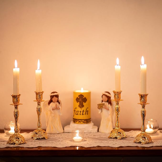 Sziqiqi Gold Candlestick Holders Set of 2 Taper Candle Holders Deluxe Ornate Candle Holders for Shabbat Taper Candles, Candle Centerpiece, Wedding Candles, Christmas Candle 7.4inch