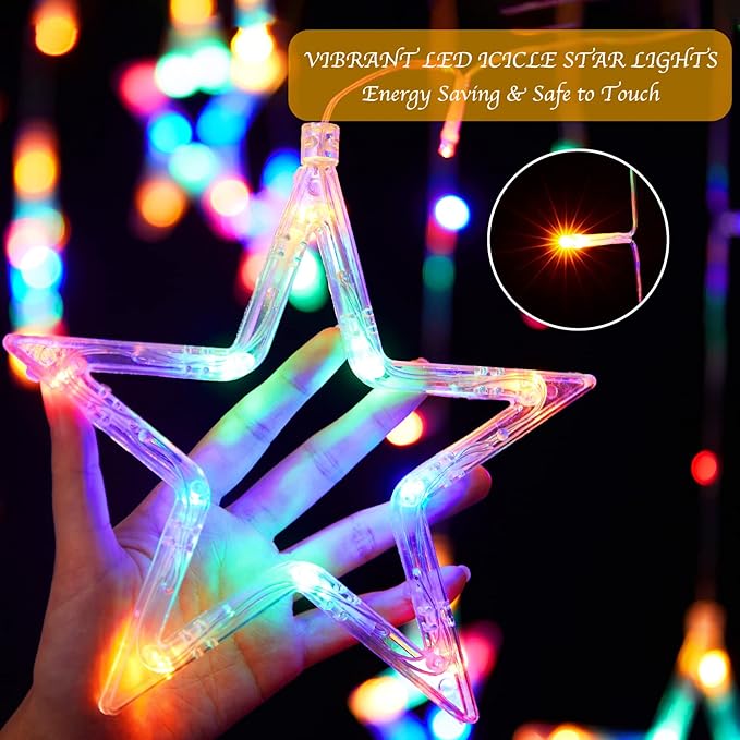 Star Curtain Lights for Bedroom - Plug-in 9ft 138 LED Fairy Twinkle Lights with 12 Star Drops, Connectable Window Lights with Remote 8 Lighting Modes for Indoor Xmas Ramadan Decoration, Multicolored