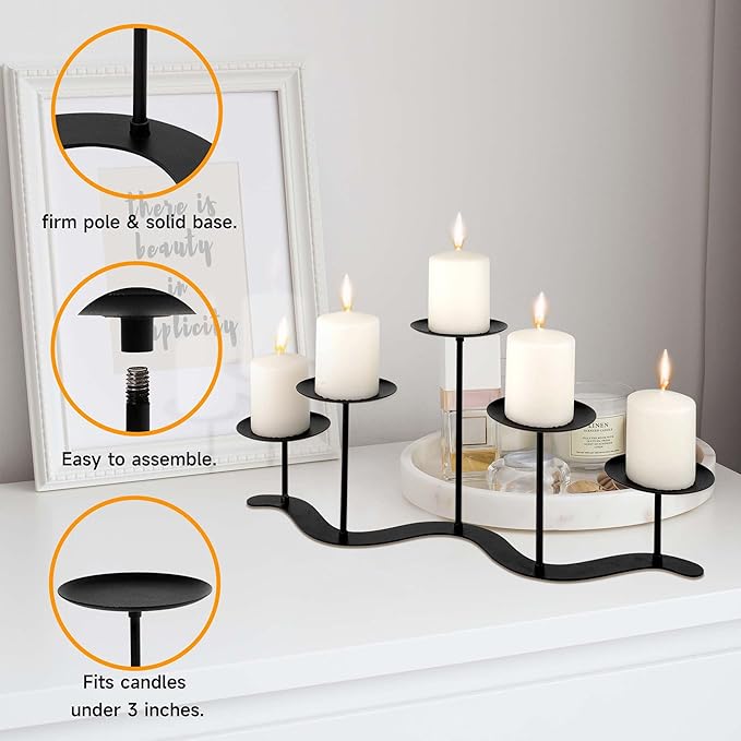 Iron Candle Holder Fireplace: 5 Metal Candelabra Centerpiece Decor - Candle Holder Stand for Candelabra Pillar Candles