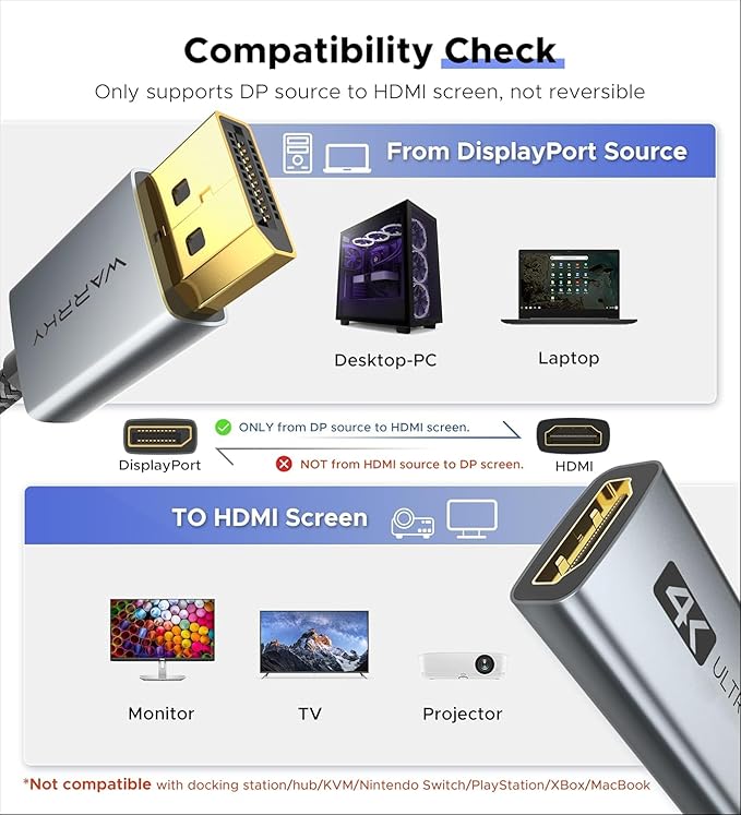WARRKY DisplayPort to HDMI Adapter 2-Pack (4K, UHD), [24K Gold-Plated, Slim Aluminum Shell] Display Port to HDMI/DP to HDMI Adapter for Lenovo, DELL, HP, ThinkPad, GPU, AMD, NVIDIA&More