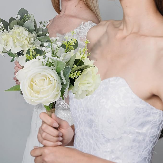 Bridesmaid Bouquets - Set of 4 Ivory White Artificial Flowers Bouquet Wedding Rustic Small Floral Centerpieces for Marriage Proposal Party Anniversary Dining Table Decorations