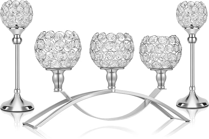 Silver Crystal Candle Holders Decorative Arch Candelabra 3-Arm Candlesticks Holder & 2 Glass Holders Table Centerpiece, Wedding, Party, Anniversary