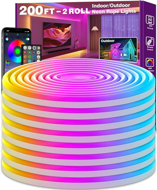 SINLEY Led Neon Rope Lights 200FT,Control with App/Remote,Flexible Led Rope Lights,Multiple Modes,IP68 Outdoor RGB Neon Lights Waterproof,Music Sync Gaming Led Strip Lights for Bedroom Indoor