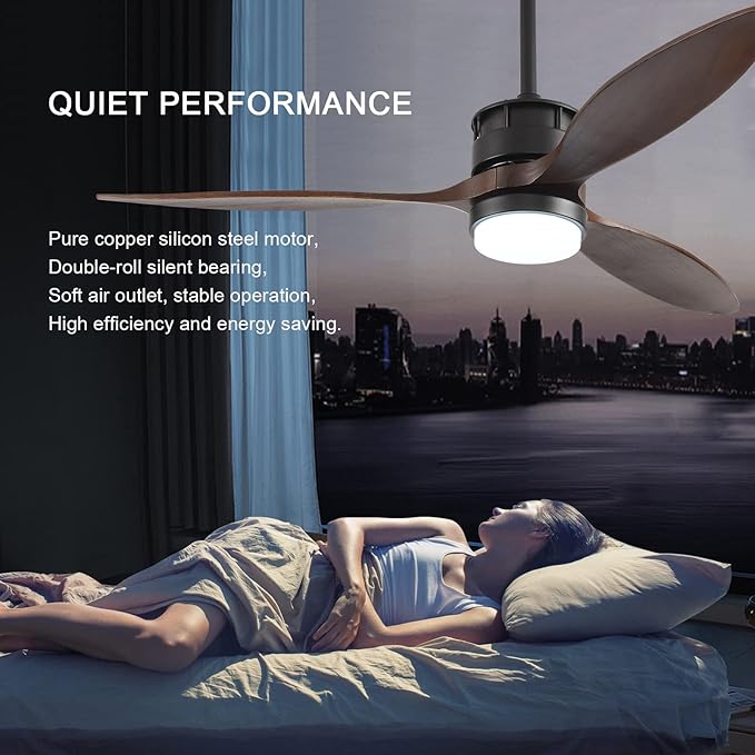 BOJUE Ceiling Fans with Lights, 60 Inch Black Ceiling Fan with Remote Control, 3 Wood Fan Walnut Blades, Modern Fan Lights for Farmhouse Living Room/Bedroom/Study