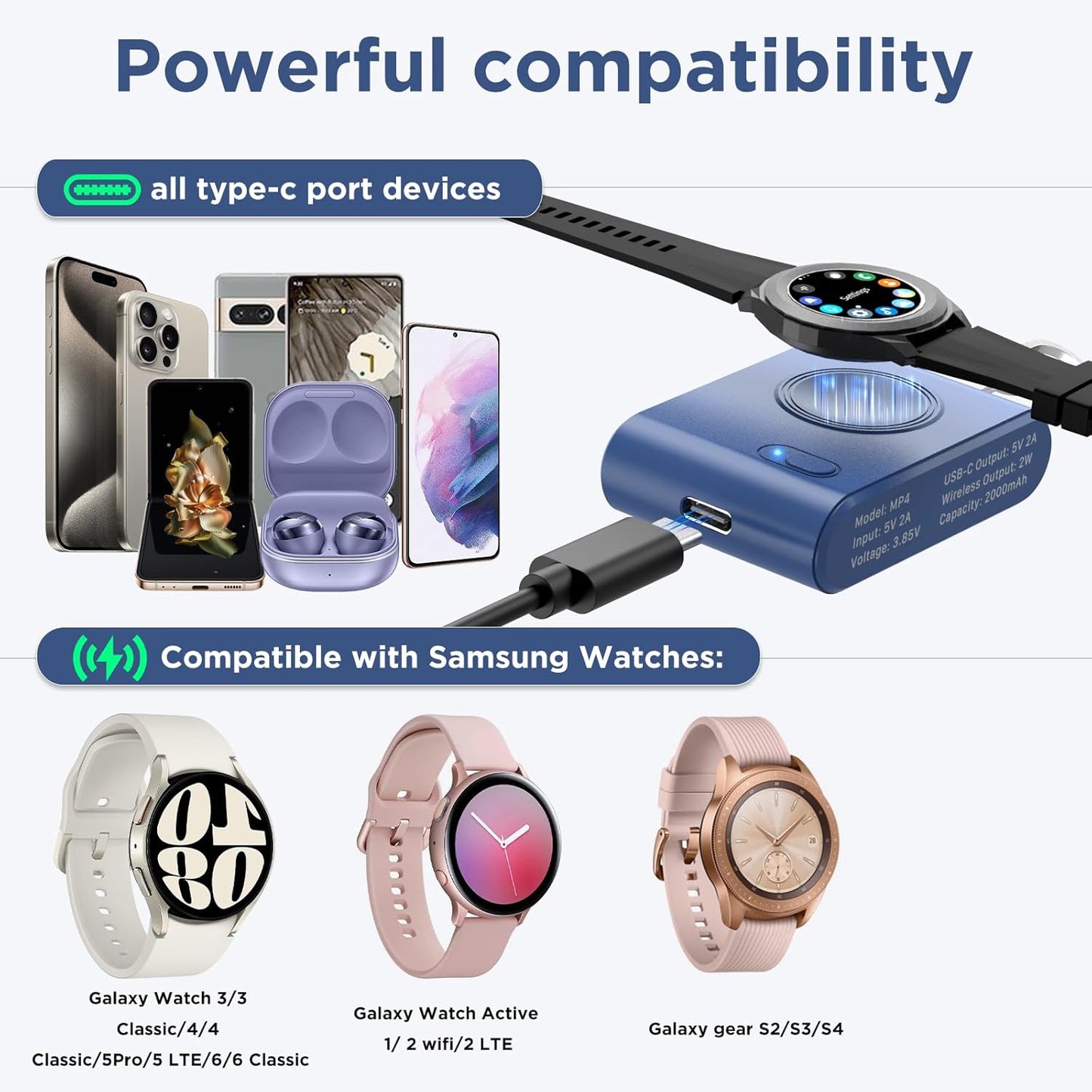 Portable Watch Charger for Samsung, 2000mAh 2-in-1 Magnetic Charger, Travel Wireless Power Bank for Galaxy Watch 6/6