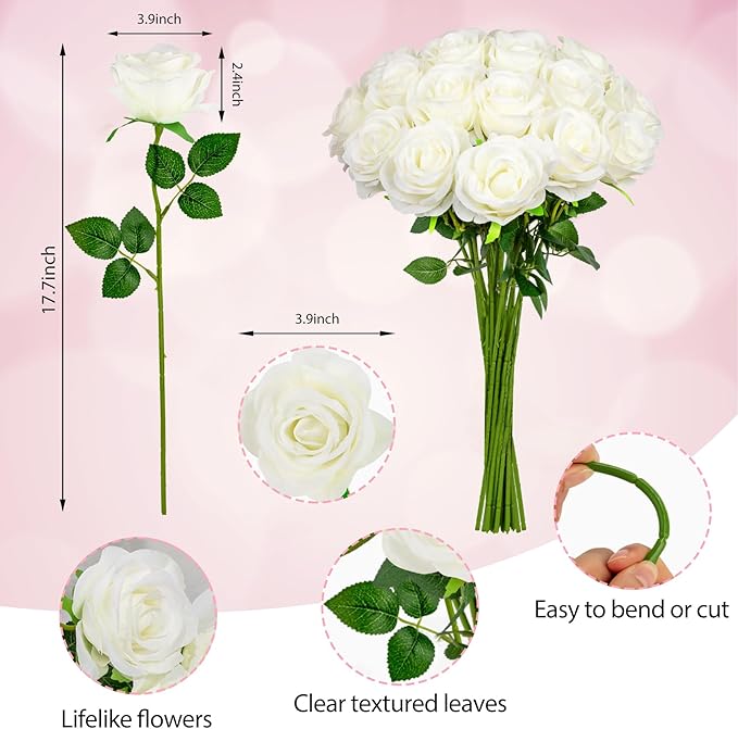 Ouddy Decor 20 Pcs Red Roses Artificial Silk Flowers Fake Roses Bouquet with Long Stems for Valentines Day Decor Wedding Home Party Table Centerpieces Bridal Bouquet DIY Floral Arrangment, White