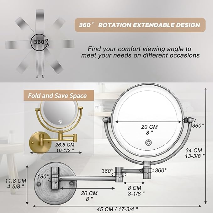 Wall Mounted Makeup Mirror with Light and Magnification, 7W Higher Brightness and Dimmable 1X/10X Double Sided Wall Magnified Mirror, Extending Vanity Mirror for Bathroom, Antique Brass Direct Wire